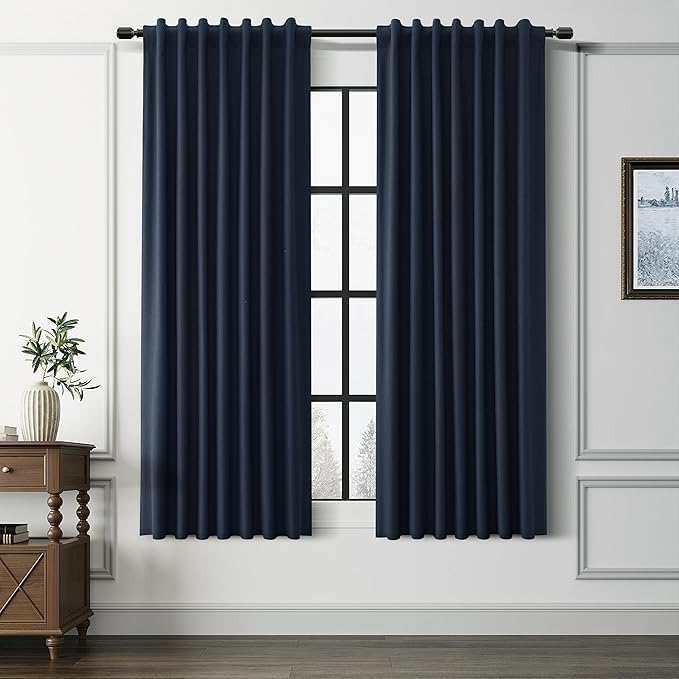 Guken Navy Blue 100% Blackout Linen Curtains for Living Room 63 Inches Long 2 Panel Sets Elegant Textured Back Tab Hook Belt Room Darkening Thermal Insulated Soundproof Bedroom Sliding Door 52x63