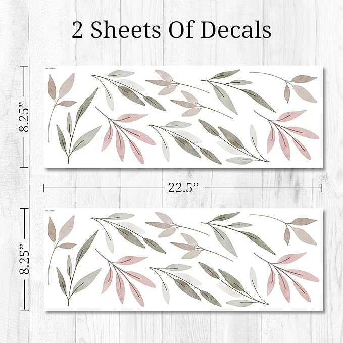 Watercolor Greenery Wall Decals - Set of 22 Leaves Vinyl Flower Room Decor Peel and Stick Removable Floral Stickers for Nursery Bedroom Bathroom