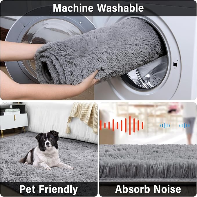 Merelax Soft Modern Indoor Large Shaggy Rug for Livingroom Bedroom Dorm Kids Room Home Decor, Non-Slip Plush Fluffy Furry Fur Area Rugs Comfy Nursery Accent Floor Carpet 9x12 Feet, Grey
