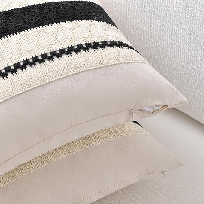 Fancy Homi Set of 2 Boho Black Long Lumbar Decorative Throw Pillow Cover 14x24 Inch for Couch Bed Sofa Chair, Modern Organic Farmhouse Home Decor, Soft Cotton Cute Accent Rectangle Cushion Case