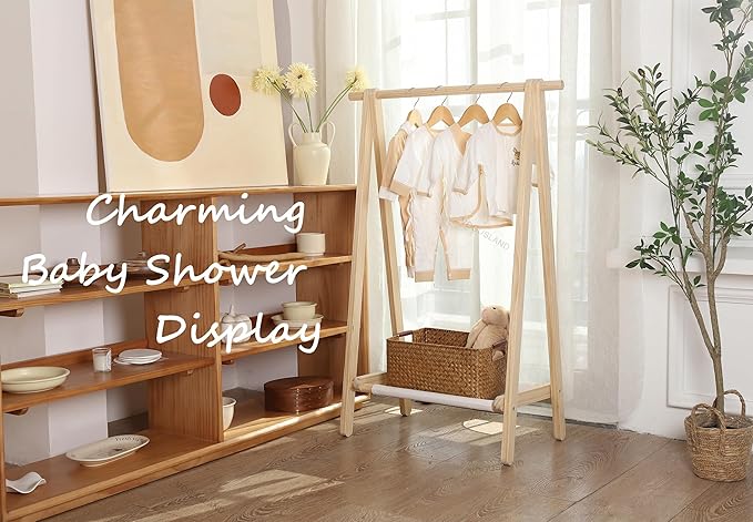 Dress up Rack, Child Garment Rack, Kids Clothing Rack with Storage Shelf (Natural Pine, 29.5" L x 14.5" W x 43.7" H)