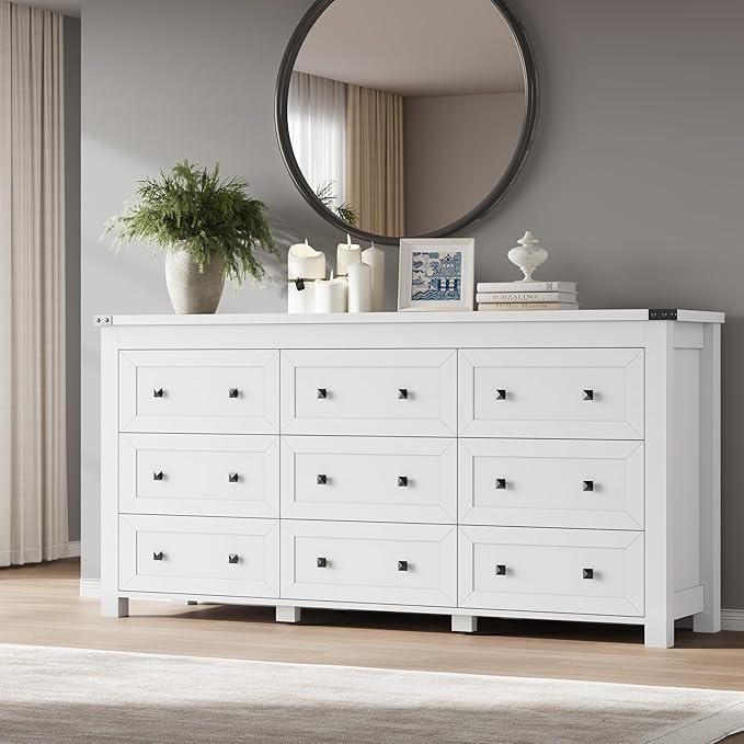 9-Drawer Dresser, Modern Wooden Storage Chest of Drawers, Dresser TV Stand, Wood Drawer Organizer with Metal Handles for Bedroom, Living Room, Hallway
