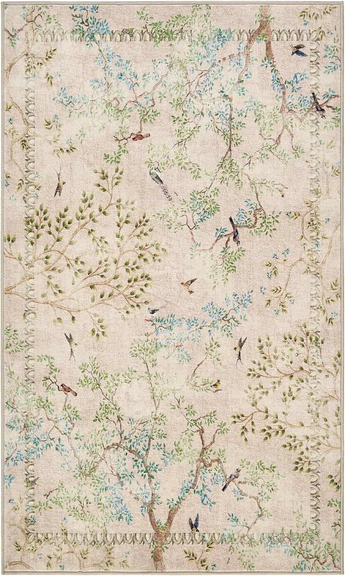 jinchan Yarden Botanical Birds 3x5 Beige Area Rugs for Entryway Washable Non Slip Soft Nature Plants Modern Kids Room Carpet Vintage Ultra Thin Low Pile Rug for Living Room Kitchen Bathroom Front Door
