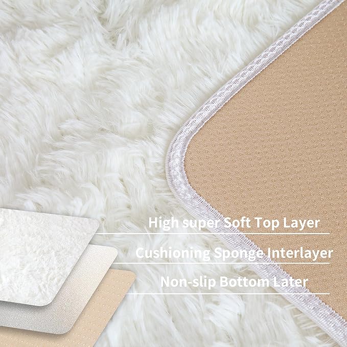 KCHOWUA Cream White Fluffy Area Rug for Girls Bedroom, 3'x5' Machine Washable Fuzzy Plush Carpet for Living Room, Soft Shaggy Throw Rug for Kids Dorm Room Nursery, Ivory