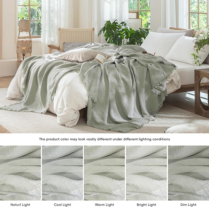 MooMee Muslin Blanket - 100% Cotton 4-Layer Gauze Throw Blanket with Tassels Ultra-Soft Breathable Lightweight Cooling for Bed Couch (Sage Green,Oversize Queen 98" x 98")