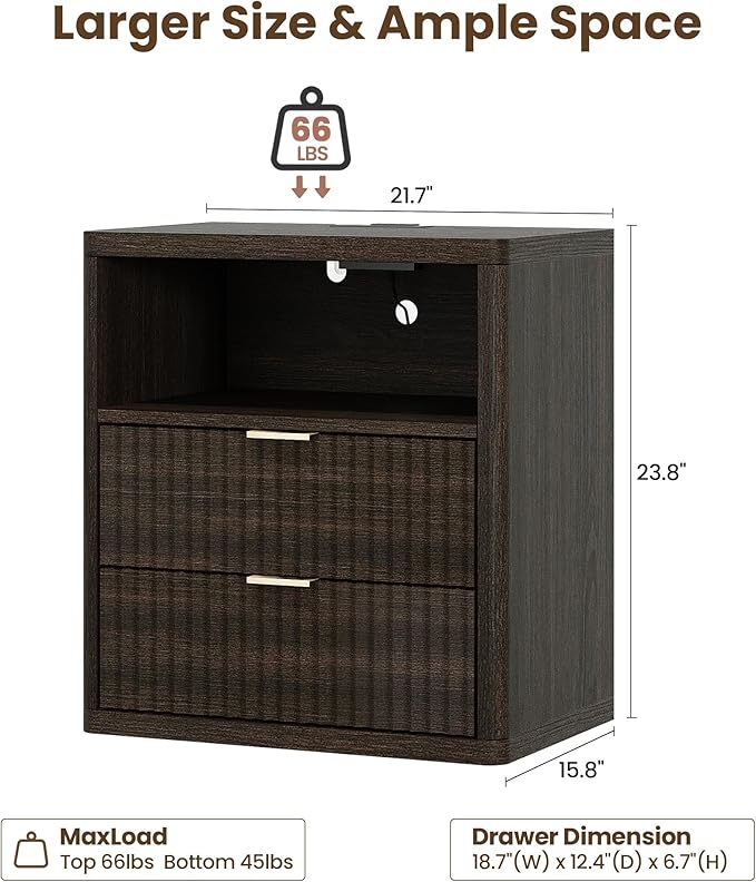 Fluted Nightstand Set of 2 with Charging Station, 21.7" Wide Modern Night Stand with 2 Drawers Open Storage Cabinet, Wooden Bedside End Table for Bedroom,Walnut
