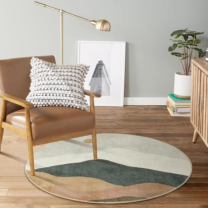 3ft Abstract Round Rug,Chic Washable Non-Slip Mountain Floor Mats,Soft Low-Pile Small Indoor Throw Rugs for Bedroom/Bathroom/Laundry Room/Nursery (Grey)
