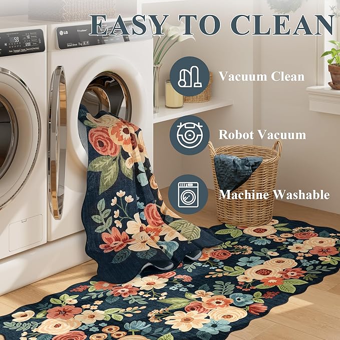 DUKINO 2x6 Runner Rug for Hallway, Washable Kitchen Rug with Non Slip Backing & Non-Shediing, Soft Low Pile Floral Design Runner for Bedroom, Kithchen, Living Room, Laundry, Bathroom, Navy Blue