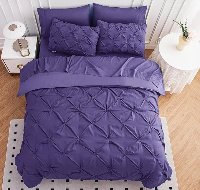 LANE LINEN Queen Comforter Set - 7 Pieces Pintuck Bed in A Bag Queen, Queen Bed Set with Comforters, Sheets, Pillowcases & Shams, Bedding Set - Purple