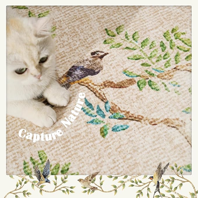 jinchan Yarden Round Rugs 8ft Beige Botanical Birds Print Machine Washable 8' Circle Nature Plants Modern Soft Non Slip Kids Throw Area Rugs Ultra Thin Low Pile Carpet for Living Room Bedroom