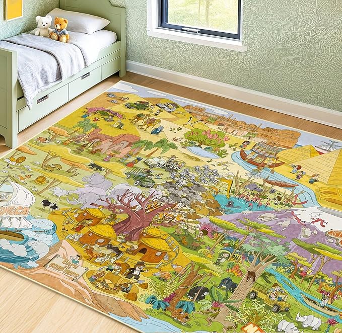 Africa Adventure Kids Bedroom Rug 6x9 – Safari Animal Map Rug with Lions, Elephants, Giraffes & Tribes – Educational Play Mat for Classroom, or Playroom
