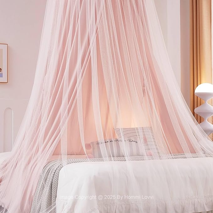 Double Layers Bed Canopy with Star Lights, 3 Pieces Layers Canopy for Girls Bed, Princess Round Dome Dreamy Play Tent, Hanging Kids Reading Nook Mosquito Net, Machine Washable - Pink