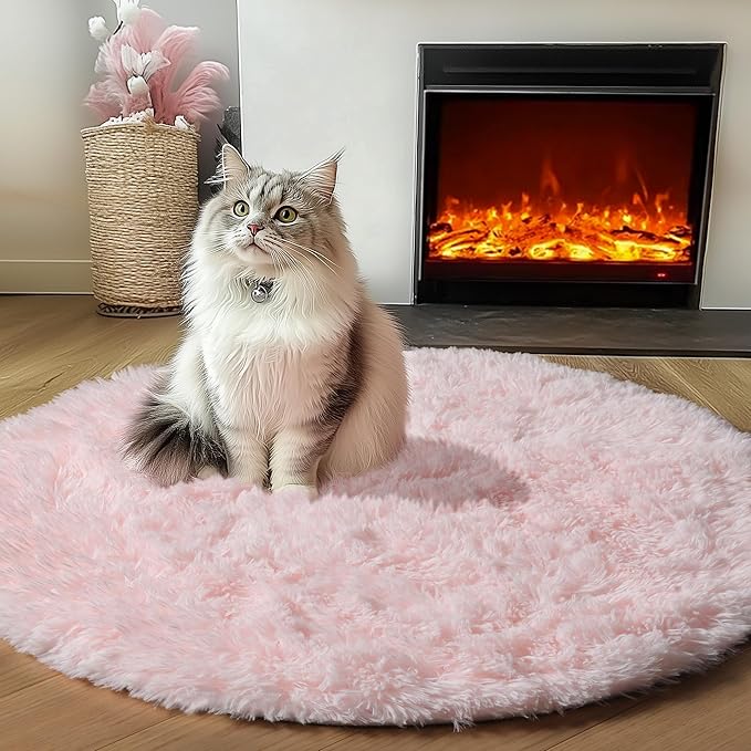 ONASAR Light Pink Round Area Rugs 2ft for Bedroom Living Room, Fluffy Cat Dog Bed Mat, Washable Circle Rug for Kids Girls Boys Teen, Soft Plush Shaggy Carpet for Nursery Dorm Home Decor Aesthetic
