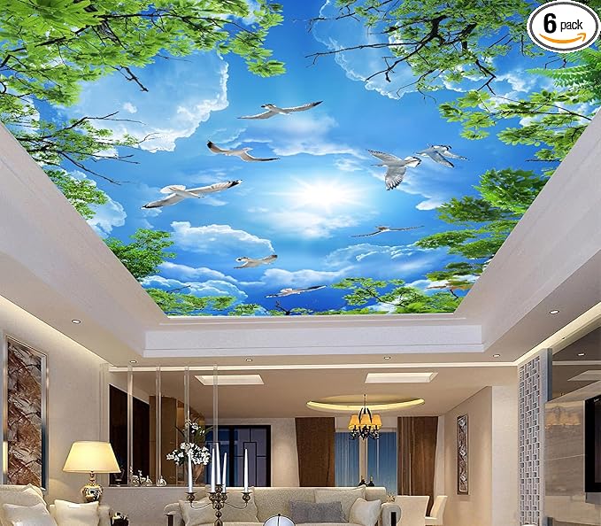 Sky Seagull Green Tree Ceiling 3D Wall Mural Wallpaper 137" x 100"