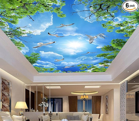 Sky Seagull Green Tree Ceiling 3D Wall Mural Wallpaper 137" x 100"