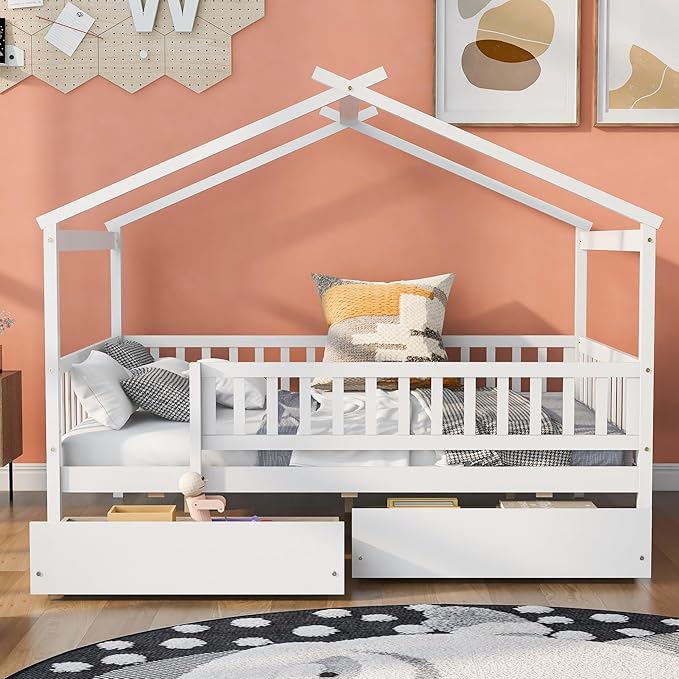 Merax Full Size Wooden House Bed with Two Drawers, Wood Bed Frame with Roof and Safety Guardrail for Kids, Teens, Boys or Girls, White