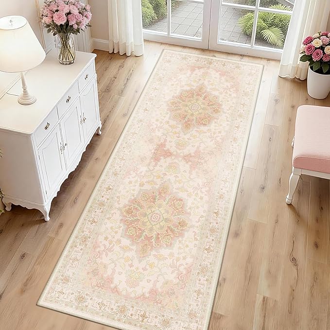 Machine Washable Rugs Nursery Rug 2x6 Cute Girl Non Slip Low Pile Water Repellent Soft Print Pattern for Bedroom Indoor Decor Kids Playroom Pinkgreen