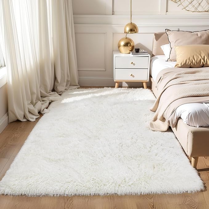 KCHOWUA Ceam White Fluffy Shag Large Area Rug for Living Room,5'x8' Machine Washable Furry Fuzzy Rugs for Bedroom,Modern Soft Shaggy Plush Cute Carpet for Kids Boys Girls Dorm Room Nursery,Ivory