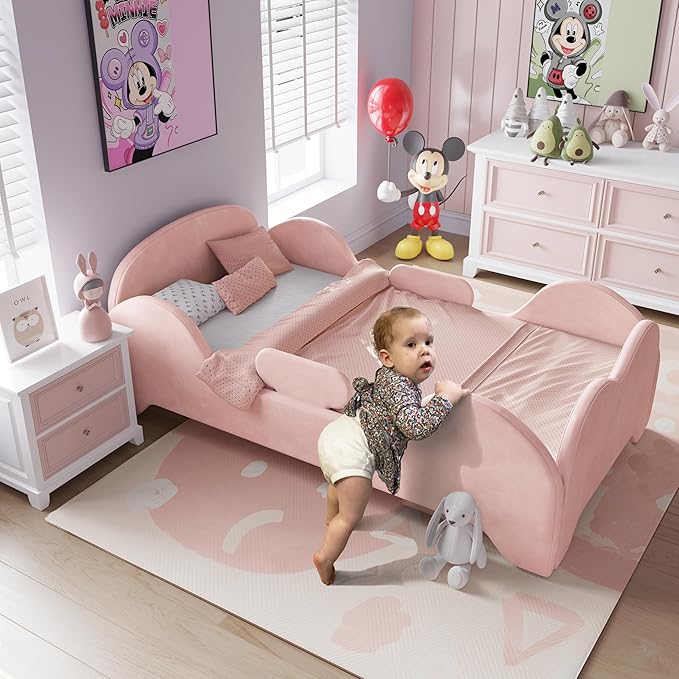 Toddler Bed, Toddler Flood Bed with Extra Safety Broad, Standard Crib Size for Kids, Certified Fabric Beds, Low to Floor Design (Pink)