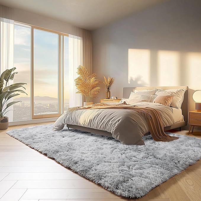 ONASAR 8x10 Area Rugs for Living Room, Tie-Dyed Light Grey Large Fluffy Shag Bedroom Rug, Washable Soft Plush Thick Shaggy Big Floor Carpet for Kids Boy and Girls Teen Dorm Nursery Indoor Home Decor