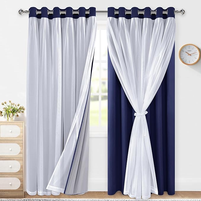 XWZO 100% Blackout Double Layer Curtains, Blackout Curtains with Sheer Overlay for Living Room, Bedroom, Grommet Thermal Insulated Privacy Curtains with Tiebacks, 2 Panels, 70x84, Navy Blue