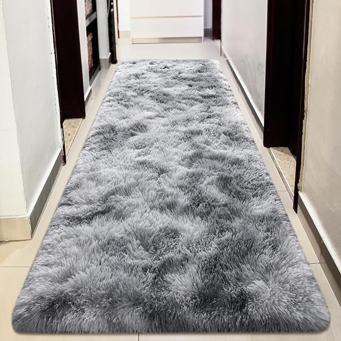 BENRON Soft Runner Rugs for Bedroom 2x6, Washable Long Runners for Hallway Entryway Kitchen Dorm, Fluffy Throw Rug for Kids Girls Room Decor Photo Prop, Tie-dye Grey