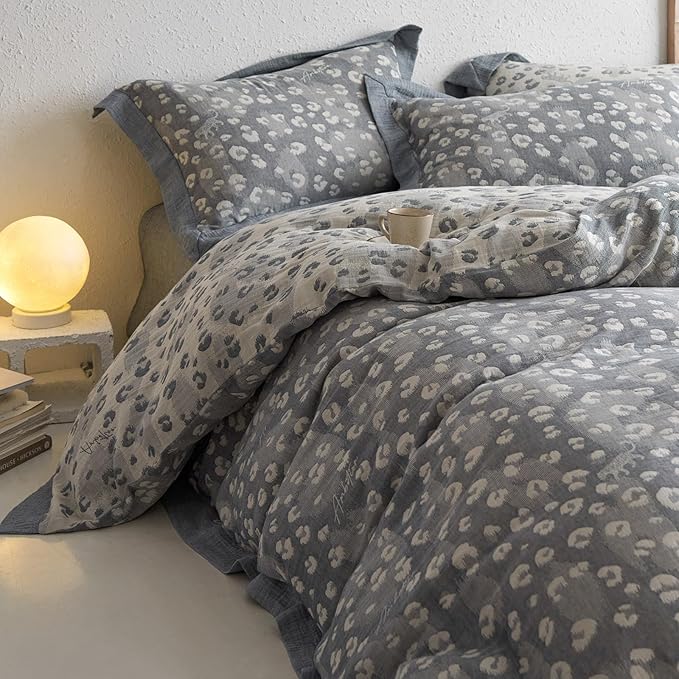Grey Leopard Print Duvet Cover Queen Yarn-Dyed Cotton Linen Textured Duvet Cover Jacquard Design Bedding Set Queen Vintage Animal Cheetah Print Comforter Cover Leopard Pattern Boho Floral Bedding Set