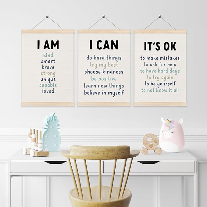 Koesus Inspirational Classroom Blue Wall Art Poster Hanger Frame 12x16 Inch Set of 3, Positive Affirmations for Kids, Motivational Canvas Pictures Prints Framed Wall Decor for Classroom Kids Room