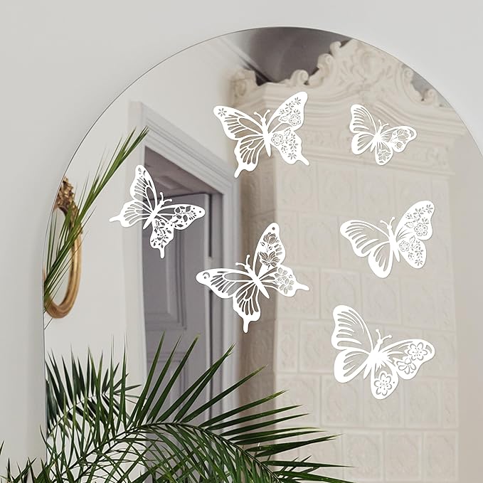 White Floral Butterfly Mirror Decals - Vinyl Stickers for Mirrors, Walls, Doors, Windows - Easy to Apply and Remove - Nursery Living Room Nursery Laundry Kitchen