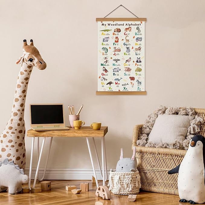 KAIRNE Kids Woodland Alphabet Poster With Wood Magnetic Hanging Framed(35CMx56CM)Children ABC Learning Art Prints,Safari Animal ABC Wall Art,Wildlife Alphabet Canvas Sign for Playroom Classroom Decor