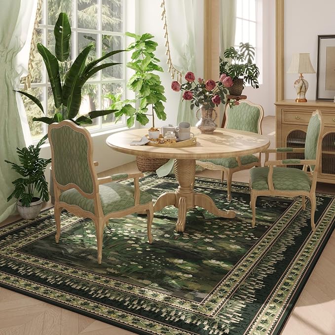 Rugcomf 6x9 Area Rugs Impressionist-Style Vintage Washable Rug Non Slip Low Pile Large Rug for Living Room Bedroom Farmhouse Dining Room Kids Playroom, Green