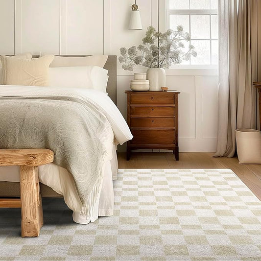 EverGrace Checkered Plaid Area Rug 6x9, Soft Faux Wool Rugs Washable Anti Slip Rugs Large Rug Carpet for Entryway Bedroom Living Room Hallway Kitchen Dining Room and Laundry Room, Beige