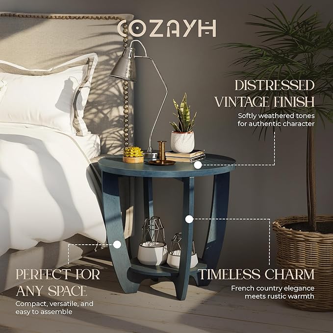 COZAYH Rustic Farmhouse End Table with Storage Shelf, French Country Modern Round Accent Side Table for Small Spaces, Vintage Blue Finish
