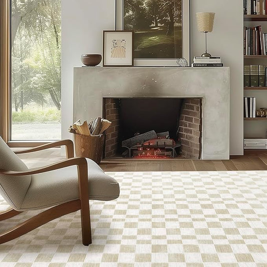 EverGrace Checkered Plaid Area Rug, Soft Faux Wool, 8x10, Washable, Anti Slip, Large Carpet for Entryway, Bedroom, Living Room, Hallway, Kitchen, Dining Room, Laundry, Beige