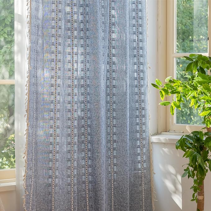 Deeprove Denim Blue Boho Curtain 63 inches Length for Living Room Bedroom Office, American Classic Bohemian Sheer 63 inches Long Stripe Embroidery Privacy Window Tassel Decor W52 x L63, 1 Panel