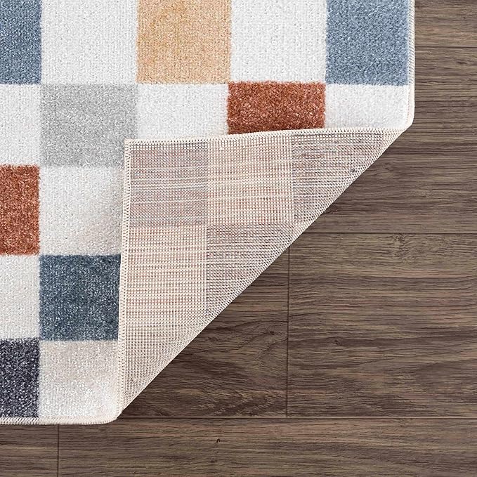 BoutiqueRugs Alia Colorful Checkered Area Rug - Machine Washable - Off White, Blue, Tan - 18" x 18" Sample