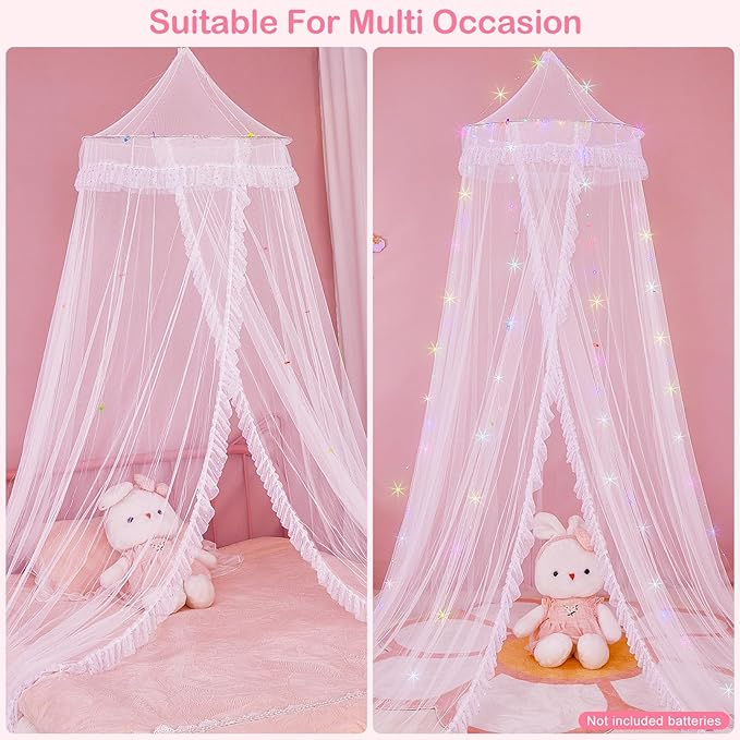 Beinou Bed Canopy for Girls with Timer Remote Canopy Bed with Lights Breathable Net Canopy for Bed Kids Girls Room Decor,White