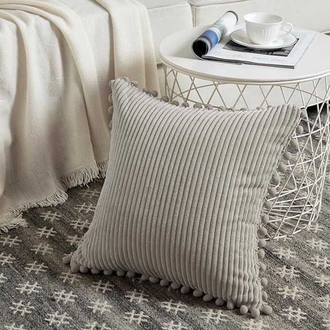 Fancy Homi 2 Packs Neutral Taupe Decorative Throw Pillow Covers 20x20 Inch with Pom-poms for Couch Bed Sofa, Aesthetic Modern Organic Farmhouse Boho Home Decor, Soft Corduroy Cute Accent Cushion Case