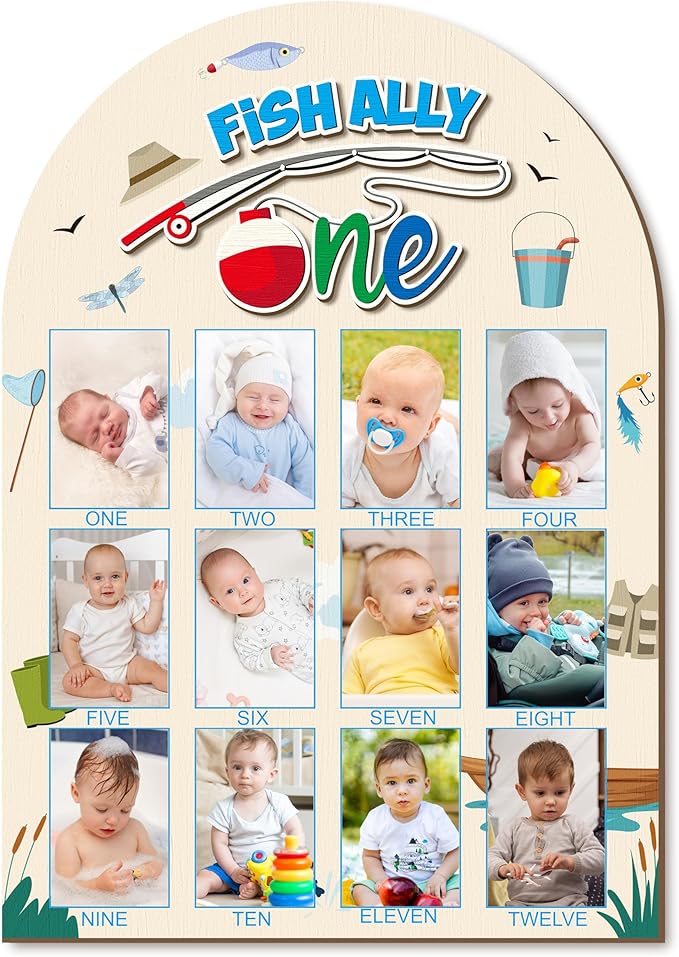 R HORSE My First Year Photo Display Wood Board - Baby’s First Year Picture Frame, 12 Months Milestone Board, 3D Fishing Neutral Baby Keepsake Gift One Year Old Birthday Nursery Decor for Girl Boy