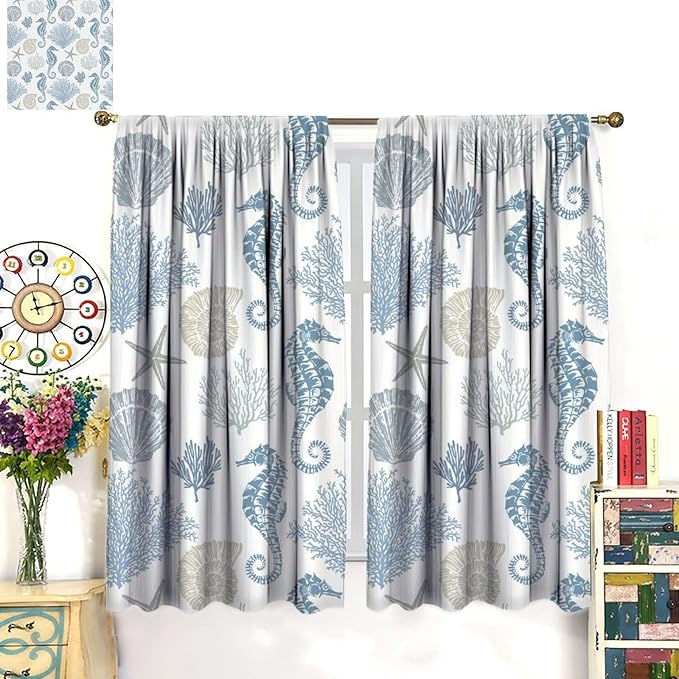 Seahorse Coral Curtains,Starfish Seashell Beach Sea Starfish Seashell Theme Pattern Blackout Print Home Bedroom Living Room Window Treatmen 2 Panel Set 42x63 Inch