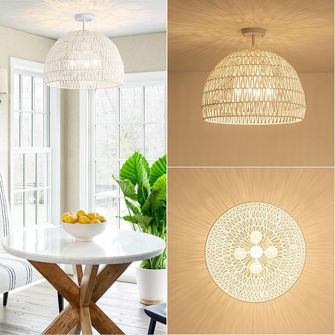 Rattan Ceiling Light Fixture, 4-Light Boho Semi Flush Mount Ceiling Light, 20" Wicker Light Fixture with Handmade Woven Cage Lampshade, Rattan Chandelier for Bedroom Hallway Nursery Kitchen Farmhouse