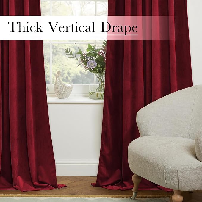 StangH Red Velvet Curtains for Living Room, 2 Panels, 52 x 144 Inches Long, Christmas Style Decor Back Tab Thermal Insulated Privacy Protect Drapes for Bedroom Home Theater, Room Darkening