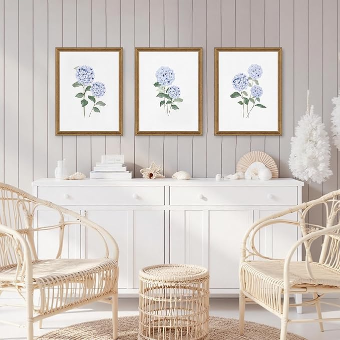WRFON Hydrangea Wall Art, Blue Floral Wall Decor, Blue Watercolor Botanical Poster Wall Decor, Modern Minimalist Botanical Canvas Painting Print for Living Room Bedroom Wood Framed 16"x24"x3