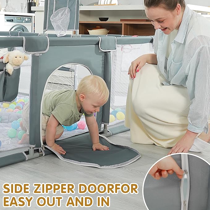 Baby playpen, 79"x71"Baby Playpen with Mat Indoor＆Outdoor Playpen for Babies and Toddlers with Breathable Play Pen with Ocean Balls Hanging Pocket Basketball Hoop and Football Goal