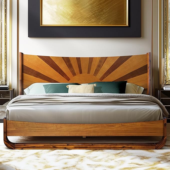 Sunset Solid Acacia Wood King Platform Bed, Tall Headboard, Mid-Century Art Deco Design, No Box Spring Needed, Sturdy Slat Support, Scratch & Water-Resistant, Caramel Finish