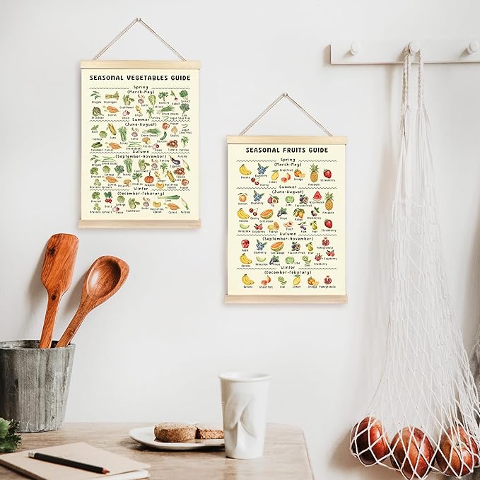 CGBHW Seasonal Fruits and Vegetables Poster Hanger Frame, Seasonal Produce Posters Wall Art Hanging Decor for Kitchen Farmers Market Classroom Nursery Preschool, Food Lover Gift, 12x16Inch Set of 2