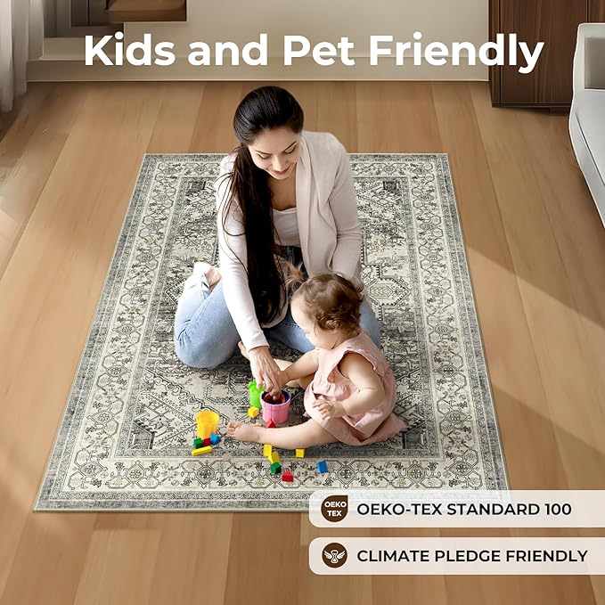 WITSHOCK Living Room Area Rugs 3x5: Washable Rug Boho Soft Non-Slip Low Pile Stain Resistant Foldable Carpet for Bedroom Playroom Dining Room Office Kitchen Farmhouse Home Decor Rug-Brown/Lvory