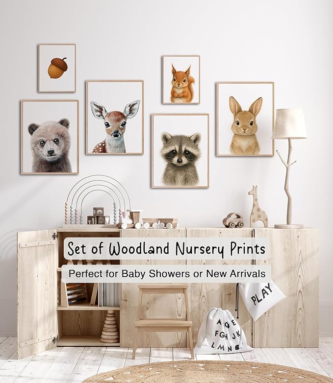 KIU DESIGNS Woodland Nursery Decor - Unframed Safari Wall Decor Gift for Baby - Woodland Portrait - Set of 6 (4 of 8x10, 2 of 5x7)