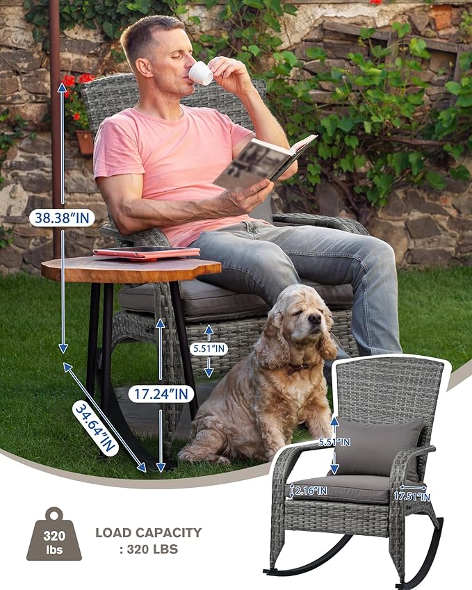 Outdoor Rocking Chair- Outdoor Glider Rattan Rocker Chair with Heavy-Duty Steel Frame- All Weather Rocker Chair for Garden, Porch, Backyard, Poolside (Grey, 320lbs)