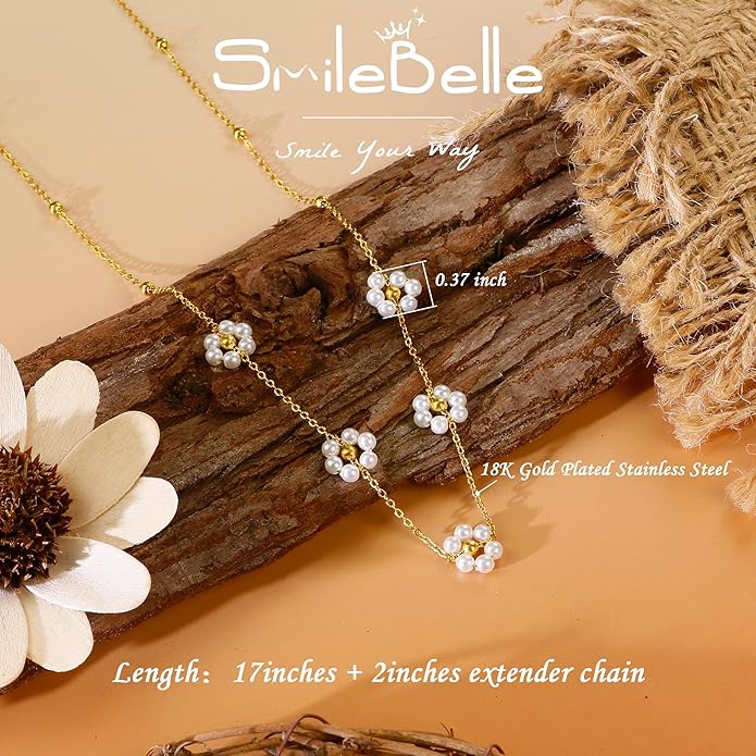 SmileBelle Pearl Necklaces for Women, Daisy Pearl Choker as Christmas Stocking Stuffers for Teens, Silver Daisy Pearls Jewelry Trendy Stuff Birthday Gifts 3 Pearls White Necklace as Wedding Jewelry
